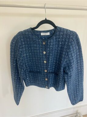Sandro Blue Tweed Cropped Cardigan with Gold Buttons